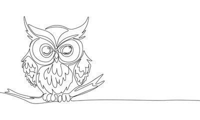 Wall Mural - Silhouette of cute little owl. One line continuous concept banner with owl bird. Outline, line art, vector illustration.