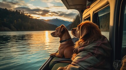 Wall Mural - Female tourists sit in a van with dog, with mountain and lakes view. sunlight and bokeh.
