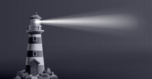 3d Render Illustration Of A Lighthouse At Night With Beacon Shining And Navigating The Route
