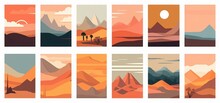 Big Set Of Abstract Mountain Landscape Banner Collection. Trendy Flat Art Style Backgrounds Of Diverse Vintage Travel Scenery. Nature Environment, Winter Biome, Multicolor Hills, Desert, Generative AI