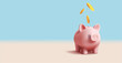 Pig piggy bank with gold coins falling. 3d render realistic vector illustration, bank digital icon