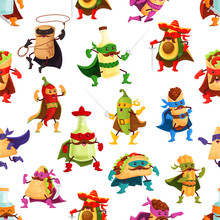 Cartoon Tex Mex Food Superhero Characters Seamless Pattern. Vector Background With Avocado, Chili, Nachos, Tacos, Churros, Tamale And Tequila Personages Playing With Muscles And Swinging Swords