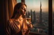 Confident girl in gold elegant dress holds glass of champagne in her hands and admires view of city from window at sunset on vacation
