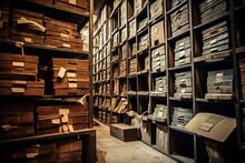 Large Warehouse Of Archival Documents. Shelves Full Of Files In An Old Archive.