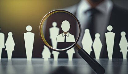 HRM or Human Resource Management, Magnifier glass focus to manager icon which is among staff icons for human development recruitment leadership and customer target. resume, interview. generate by AI