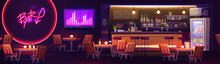 Cartoon Night Bar Interior Design. Vector Illustration Of Pub With Tables And Chairs, Cocktail Glasses On Counter, Bottles Of Alcoholic Beverages On Shelves, Fridge, Tv Screen And Darts On Wall