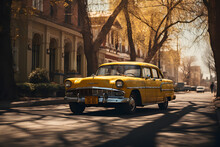A Yellow Taxi Waiting For A Passenger In A Sunny Day