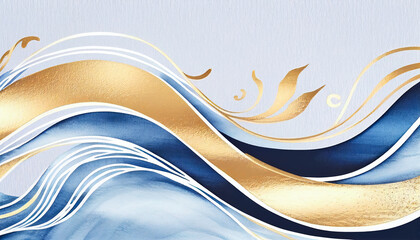 Abstract water wave blue gold copy space for text. teal, turquoise, aqua, blue, gold happy cartoon wave for pool party or ocean beach travel or weddings . Web banner, backdrop, background graphic. 