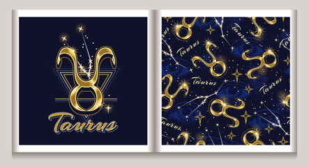 Wall Mural - Pattern, label with gold icon of zodiac sign Taurus, constellation with stars, third eye, text, triangle as alchemical symbol of earth element. Horoscope esoteric design elements. Vintage style.