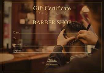 Wall Mural - Gift certificate, barber shop text and detail space over caucasian female barber and male client