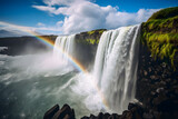 A waterfall and a rainbow. Landscape background