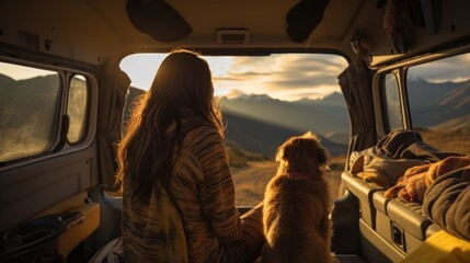 Wall Mural - backside of Female tourists sit in a van with dog, with mountain and lakes view. sunlight and bokeh.
