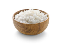 Sea Salt In Wooden Bowl On White Background