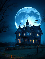 Wall Mural - halloween castle and pumpkin with full moon background