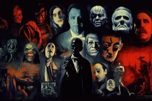 Classic Horror Movie Faces And Covers, With Viewers Enjoying Spooky Films And Cult Classics To Set The Halloween Mood - Generative AI