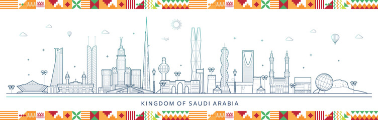 Wall Mural - Kingdom of Saudi Arabia Famous Buildings with Traditional ornament red and green. Vector Illustration 