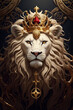 Lion king with golden crown on black background. 3d illustration.