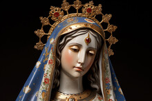 Virgin Mary Statue With Crown On Black Background, Close-up.