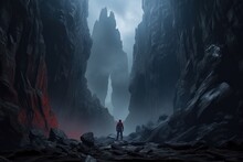 Back View Of A Man Standing In Front Of The Entrance To The Scary Dark Rocky Land, Ai Tools Generated Image