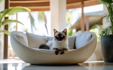 Wall Mural - Cats inside a round modern living room in Tulum. AI generated Image