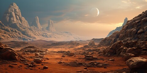 ai generated. ai generative. mars planet galaxy surface landscape desert mountain outdoor landscape.