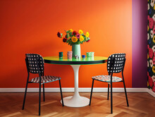 Colorful Dinner Table With Red Empty Wall