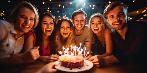 A group of cheerful young people with lit candles on a cake wish a happy birthday to their friend