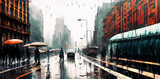Fototapeta Do pokoju - illustrazione con ampia e affollata via cittadina in una giornata autunnale di pioggia e vento