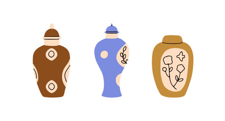 Fototapete - Ceramic pottery, vase, tall pot, jug. Painted porcelain vessels, crockery with lid. Dyed ornamented pitchers designs for liquids. Flat vector illustrations isolated on white background
