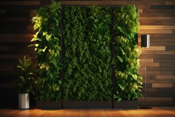 Stylish home interior with background from leaves and plants. Plant wall with lush green colors.