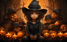 Halloween, A Cute Smiling Child Girl In A Witch Costume In A Dark Decoration With Pumpkins And Festive Decor During The Halloween Celebration Rejoices.