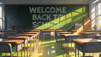 Empty school classroom and green chalkboard with 