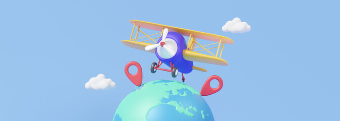 Minimal cartoon transport logistics airplane travel leisure touring holiday summer banner concept. tourism plane propeller trip planning worldwide tour with mark map red pin earth location. 3d render