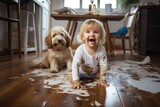 Fototapeta  - a playful hyperactive cute blond toddler child and a dog misbehaving and making a huge mess in a living-room, throwing around things and shredding paper. Studio light. Generative AI technology