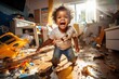 a playful hyperactive cute brown toddler child misbehaving and making a huge mess in a living-room, throwing around things and shredding paper. Studio light. Generative AI technology