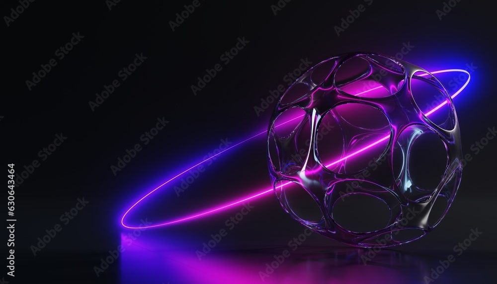 Futuristic glass sphere with neon light circle frame on black ...