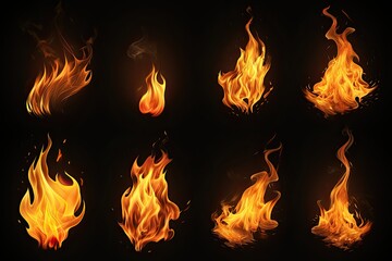 Set of fire and burning flame isolated on dark background