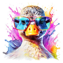 Cartoon Colorful Duck With Sunglasses No Background, Isolated, Png