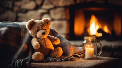 Knitted wool light brown teddy bear toy sitting next to a stone brick fireplace on a cold winter day, cozy cottage interior living room with warm orange ambience - generative AI