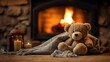 © Everlasting Dreams - Knitted wool light brown teddy bear toy sitting next to a stone brick fireplace on a cold winter day, cozy cottage interior living room with warm orange ambience - generative AI