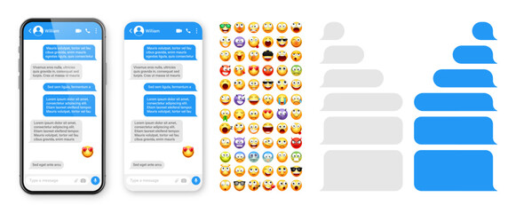 Smartphone messaging app, user interface design with emoji. SMS text frame. Chat screen with blue message bubbles. Texting app for communication. Social media application. Vector illustration