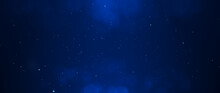 Banner Dark Blue Bokeh Particles Glitter Awards Dust Gradient Abstract Background. Futuristic Glittering In Space On Blue Background