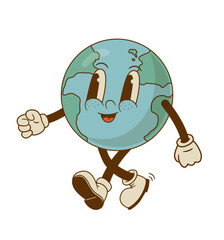 Wall Mural - Retro cartoon cute Earth globe character mascot vector illustration. Save the planet. Environment day. Green vibes