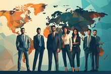 Business People Standing In Line Against A Background With World Map. Generative AI