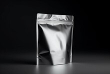 Blank Foil Food Bag Isolated On Black Background. Generative Ai