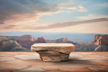 Stone Podium Table Top Against Landscape With Mountains In Pastel Colors. Mock Up With Space For Your Product. Generative AI