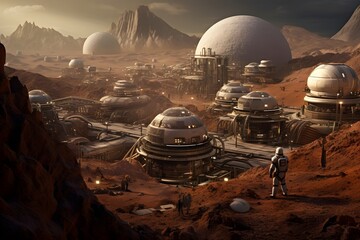 Wall Mural - Mars New Frontier: An artistic impression of a human colony on Mars showcasing humanity's ambition for space colonization