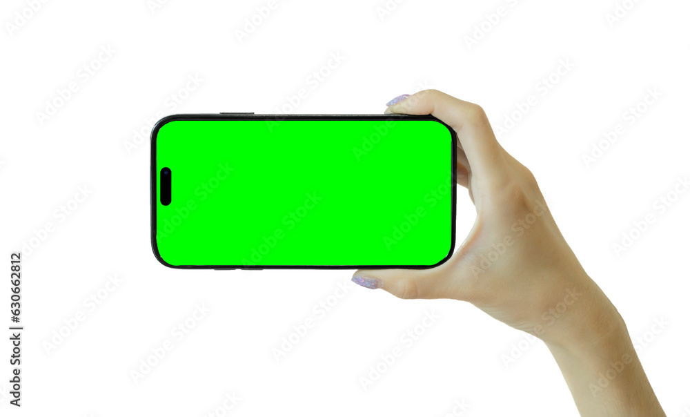 Hand holding smartphone with green screen isolated on transparent ...