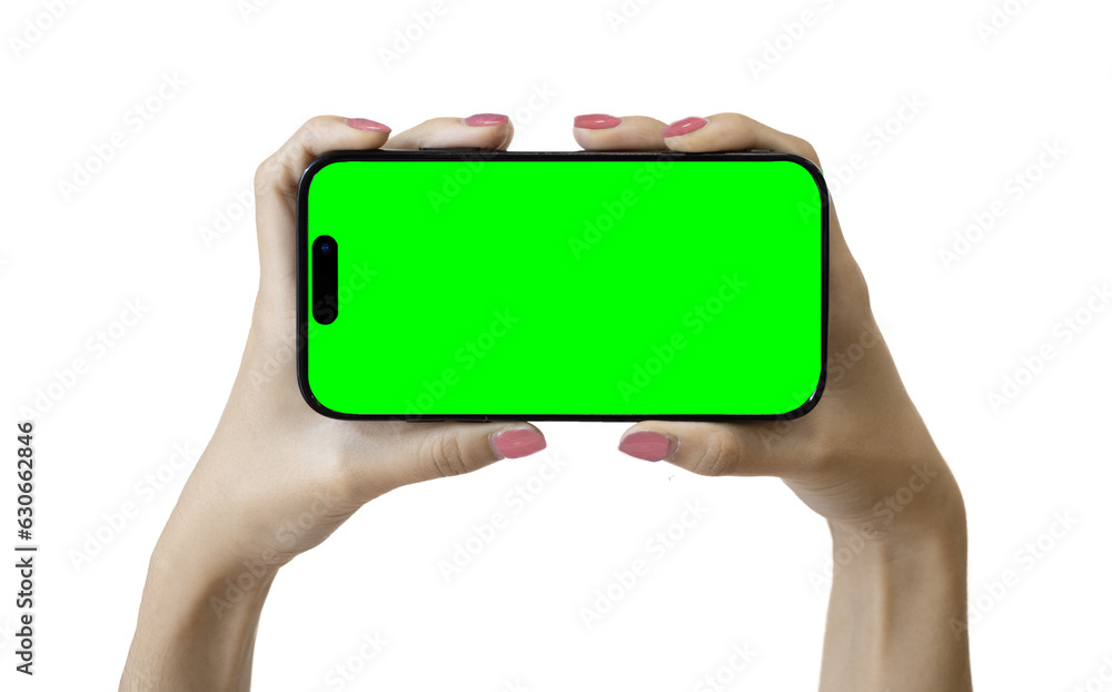 Two hands holding smartphone with green screen isolated on transparent ...