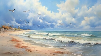 Canvas Print - Watercolor painting of an idyllic beach